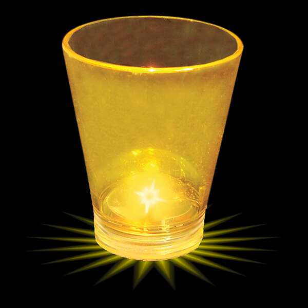 A yellow customizable plastic shot cup with a yellow LED light inside.