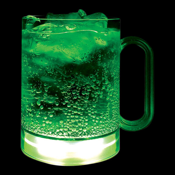 A close-up of a 16 oz. plastic mug with green LED lights filled with water.