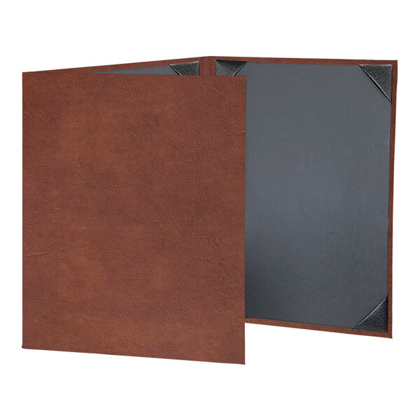 A brown leather folder with black corners and customizable pages.