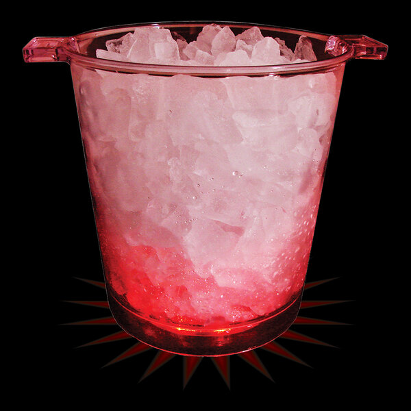 A clear plastic ice bucket with red LED lights on the handles.