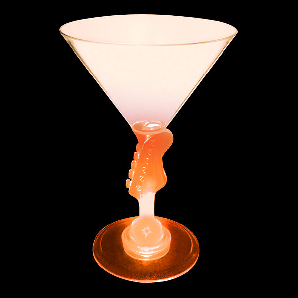 A close up of a customizable plastic martini glass with a guitar shaped stem.