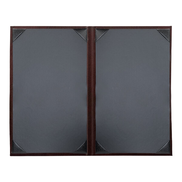 A grey rectangular Wine Tuxedo leather menu cover with brown frame corners.