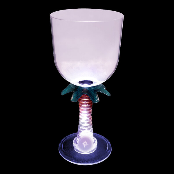 A close-up of a customizable plastic palm tree stem goblet with a purple LED light on a white background.