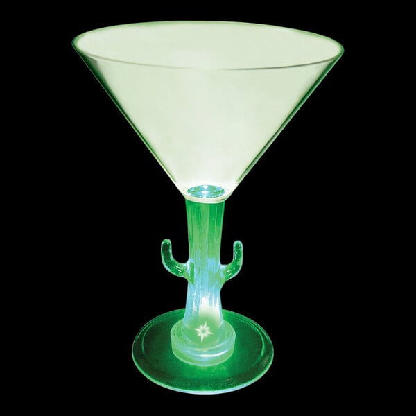 A 10 oz. plastic martini glass with a cactus shaped stem and a green LED light.