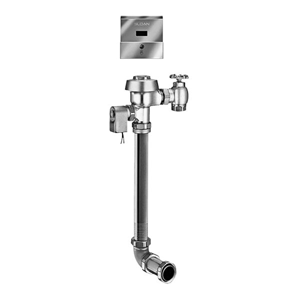 A silver Sloan Royal Hardwired flushometer for a toilet with a rear spud fixture connection.