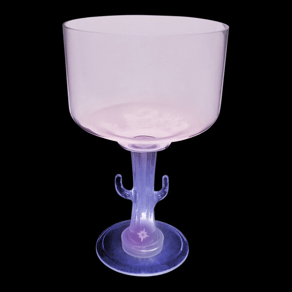 A clear plastic margarita cup with a blue cactus stem and a purple LED light.
