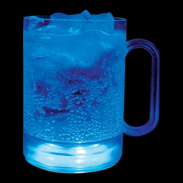 A customizable plastic mug with a blue LED light filled with a blue liquid.