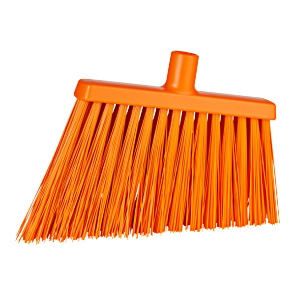 An orange Vikan broom head with angled bristles.