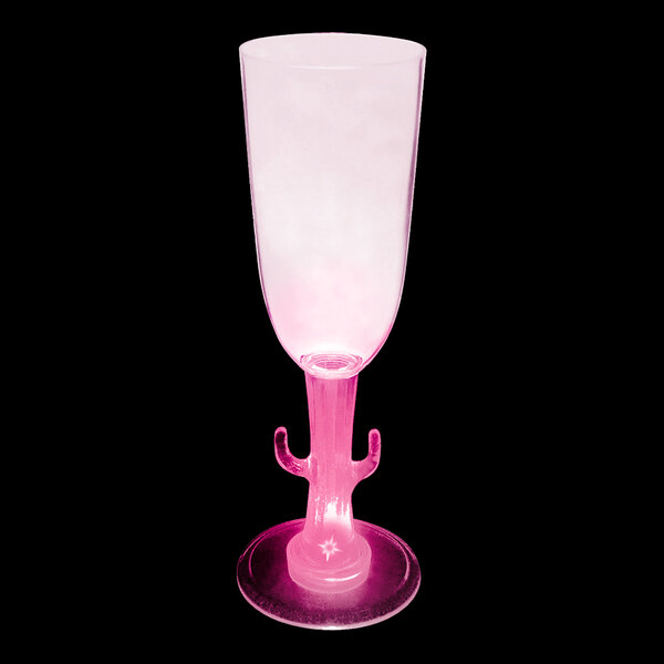 A customizable pink plastic champagne cup with a cactus shaped stem.