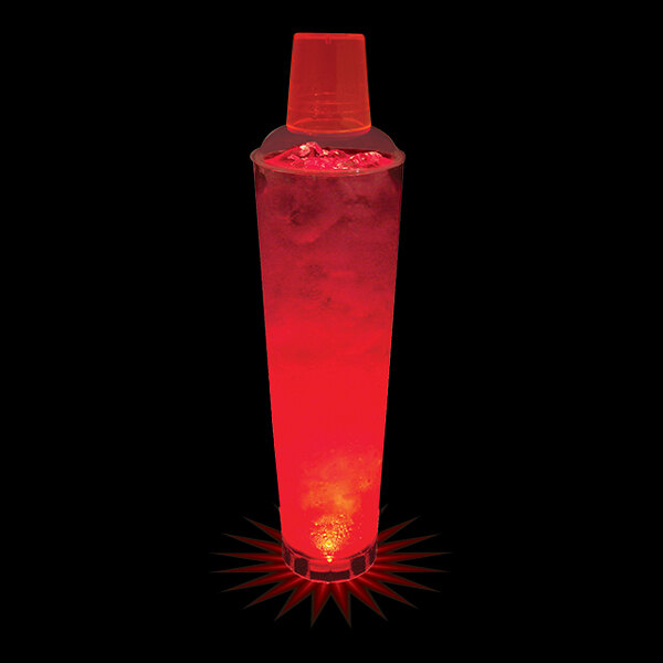 A 32 oz. plastic shaker with red LED lights filled with a red drink and ice.