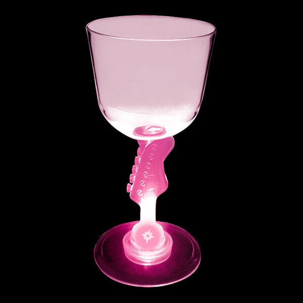 A customizable plastic wine cup with a guitar shaped stem and a pink LED light inside.