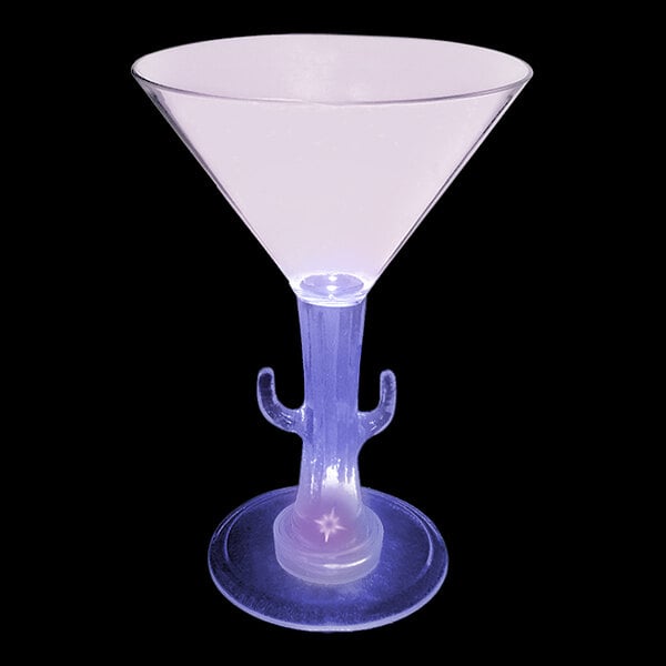 A 7 oz. plastic martini glass with a cactus shaped stem and a purple LED light.