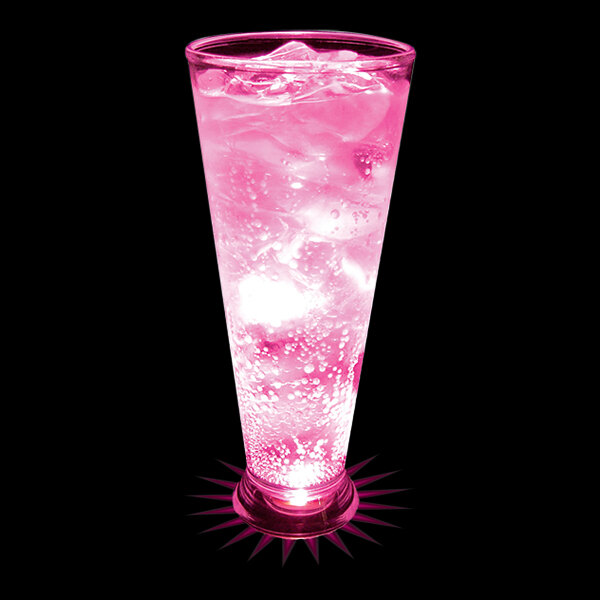 A customizable plastic pilsner cup filled with pink liquid and ice with a pink LED light.