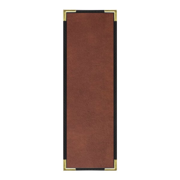A brown rectangular leather menu cover with black trim and an interior pocket.