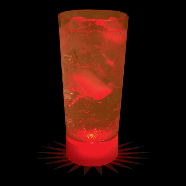 A customizable plastic cup with a red LED light inside filled with liquid and ice cubes.