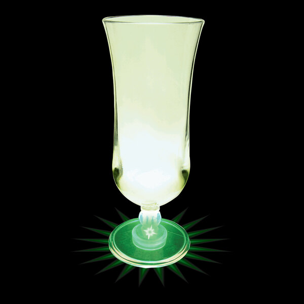 A close-up of a customizable plastic hurricane cup with a green LED light on it.