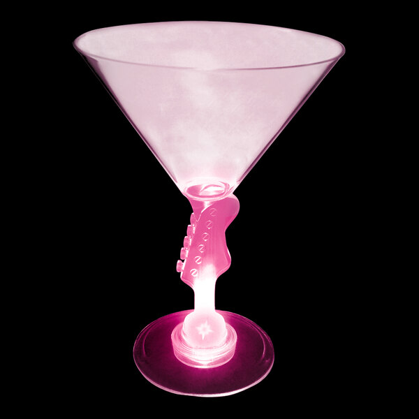 A pink customizable plastic martini glass with a lighted guitar stem.