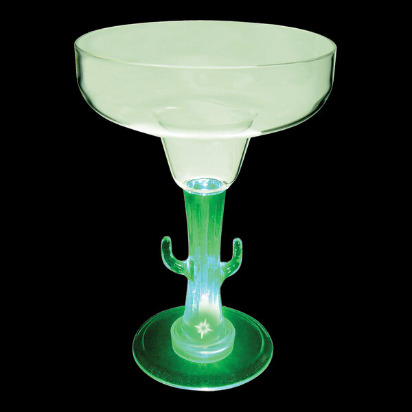 A customizable plastic margarita cup with a cactus shaped stem and a green light.