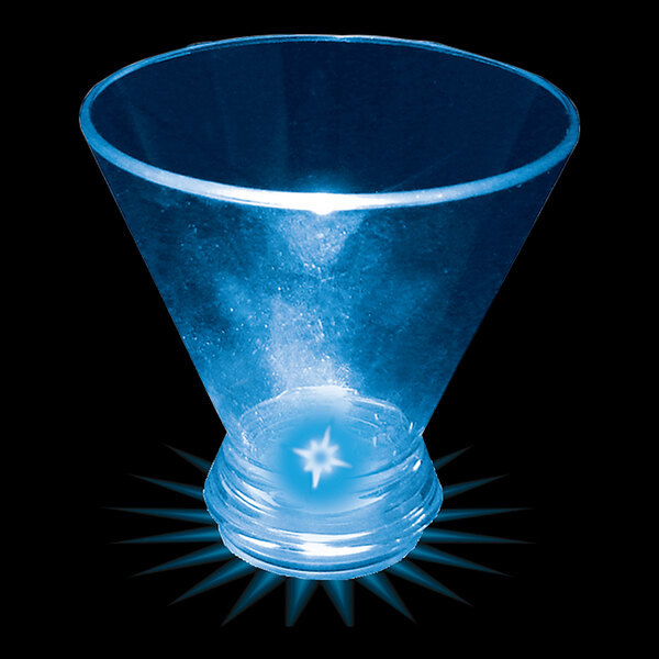 A customizable blue plastic stemless martini cup with a blue light inside.