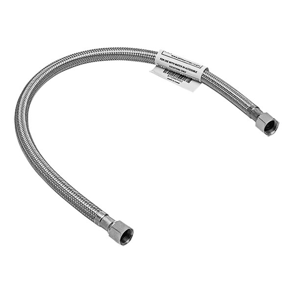 A stainless steel Sloan flexible supply hose with a label.