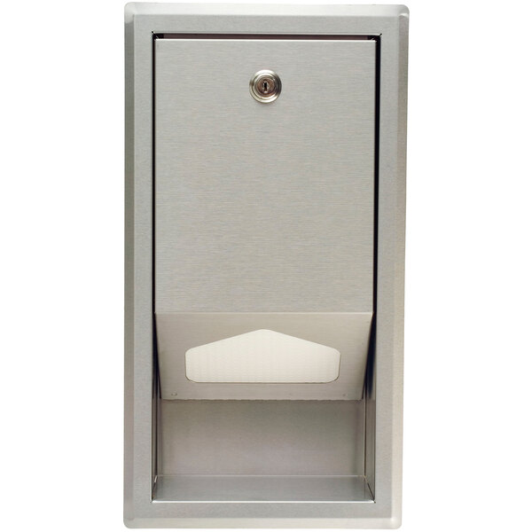A stainless steel rectangular Koala Kare sanitary liner dispenser with a door.