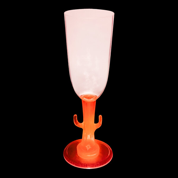 A clear plastic stem champagne cup with a cactus-shaped stem.