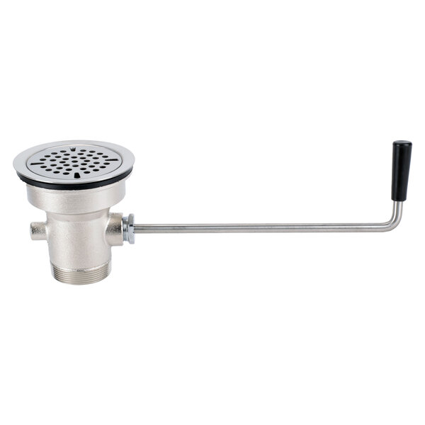A silver stainless steel Advance Tabco twist waste valve with a white twist handle.