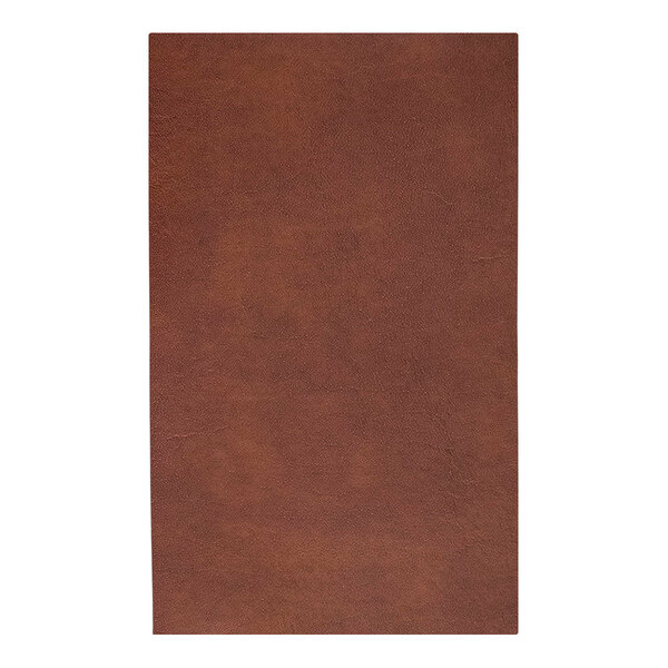 A close-up of a brown rectangular H. Risch, Inc. Tuxedo leather menu cover.