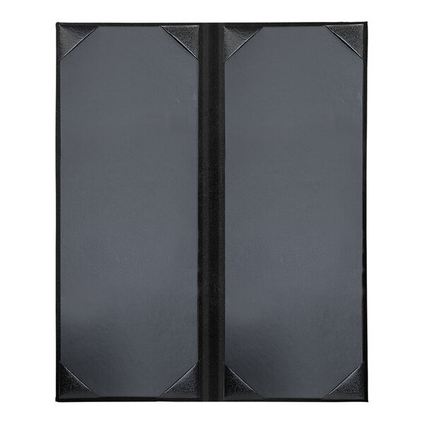 Two black rectangular leather menu covers with black corners.
