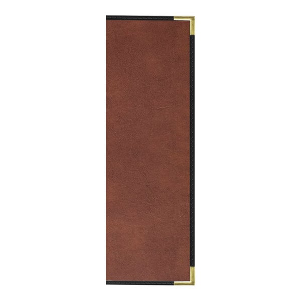 A brown rectangular leather menu cover with black trim.