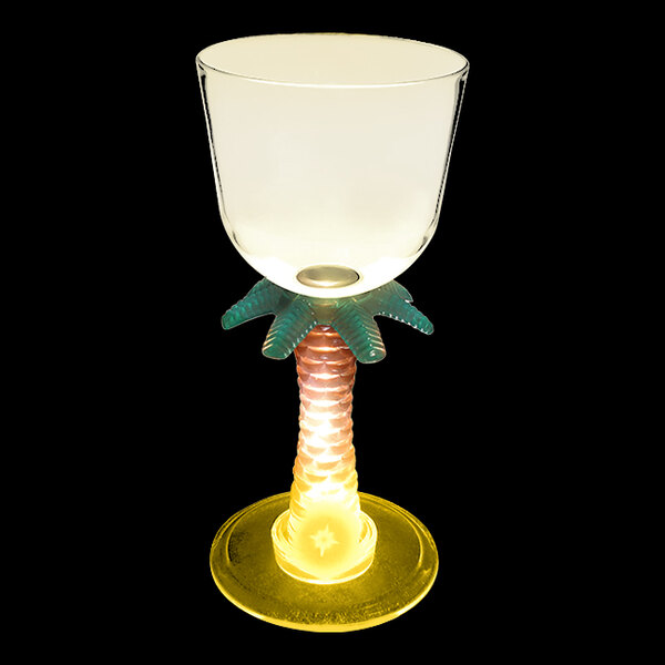 A clear plastic palm tree stem wine cup with a yellow LED light on it.