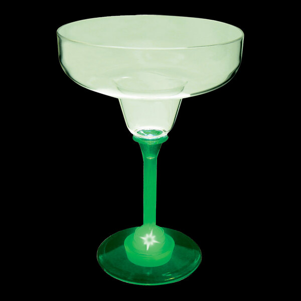 A 12 oz. green plastic margarita glass with a green LED light on the stem.
