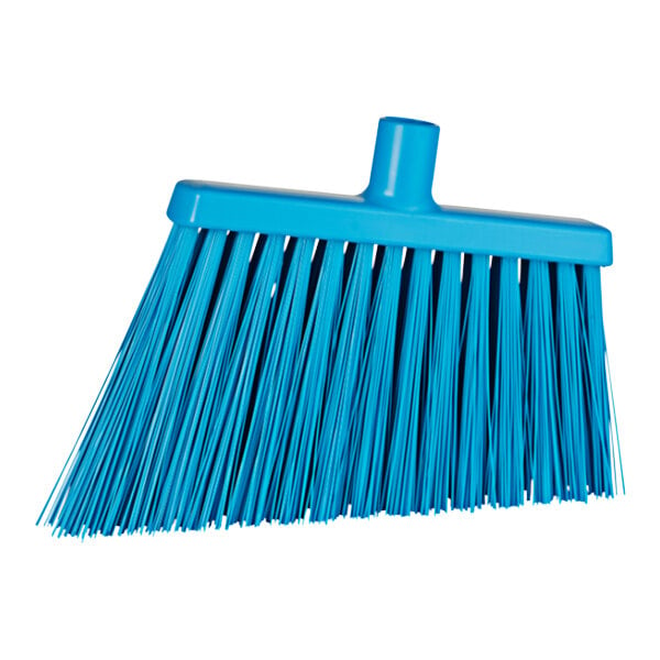 A blue Vikan angled broom head with long bristles.