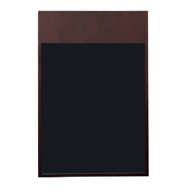 A black menu board with a brown leather frame.