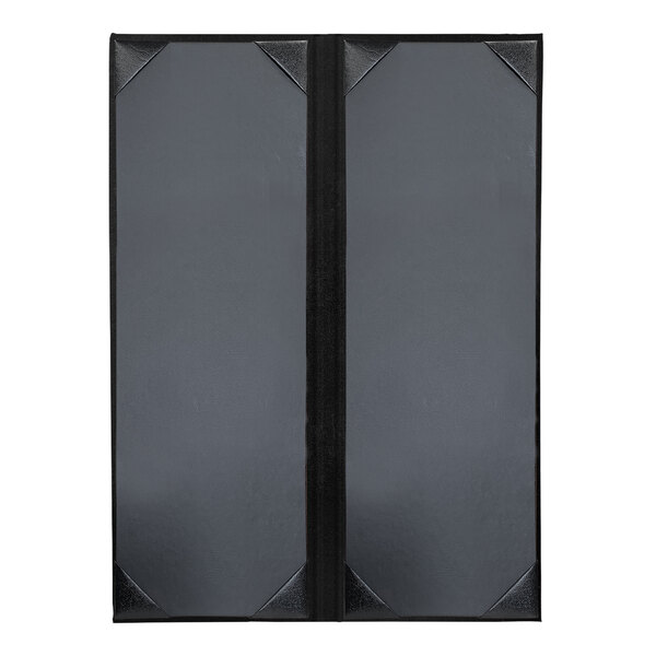 A black rectangular menu cover with white picture corners.