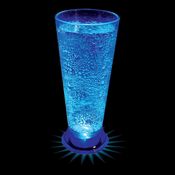 A 5 oz. plastic pilsner cup with blue liquid inside it.