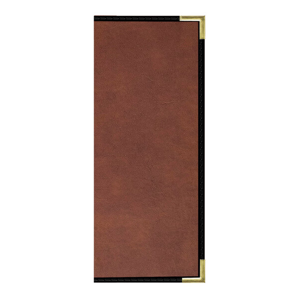 A brown rectangular H. Risch, Inc. leather menu cover with gold corners.