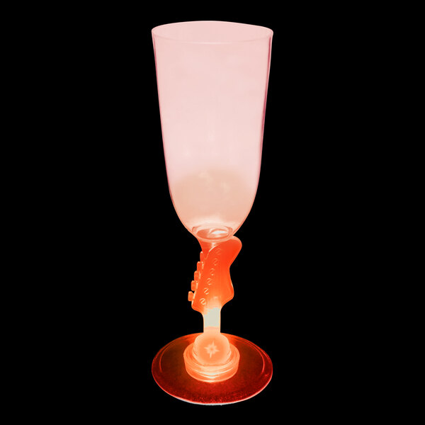 A close-up of a customizable plastic guitar stem champagne cup with a red LED light glowing.