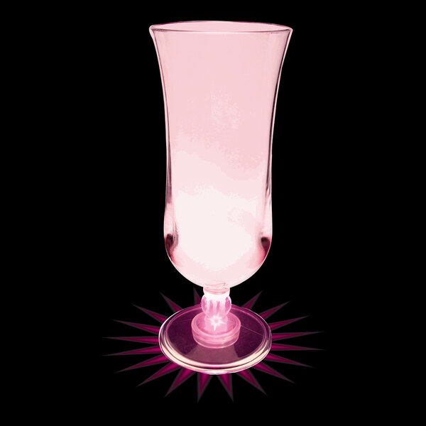 A customizable plastic hurricane cup with a pink LED light.