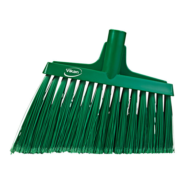 A green Vikan broom head with long, flagged bristles.