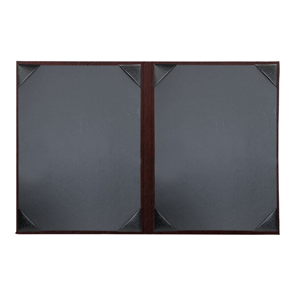 Two black leather H. Risch menu covers with black corners and a black frame.