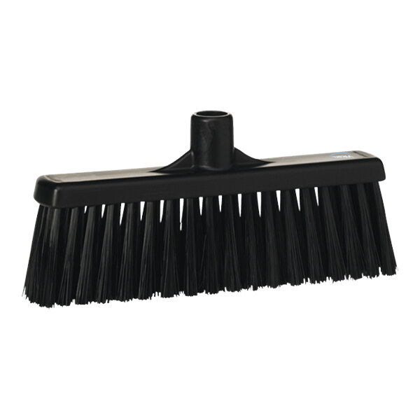 A close-up of a black Vikan straight lobby broom head with unflagged bristles.