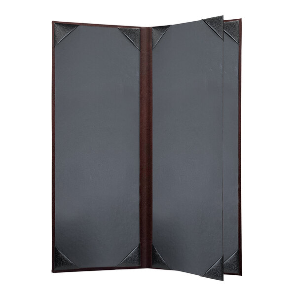 A black rectangular menu cover with a brown border and picture corners.