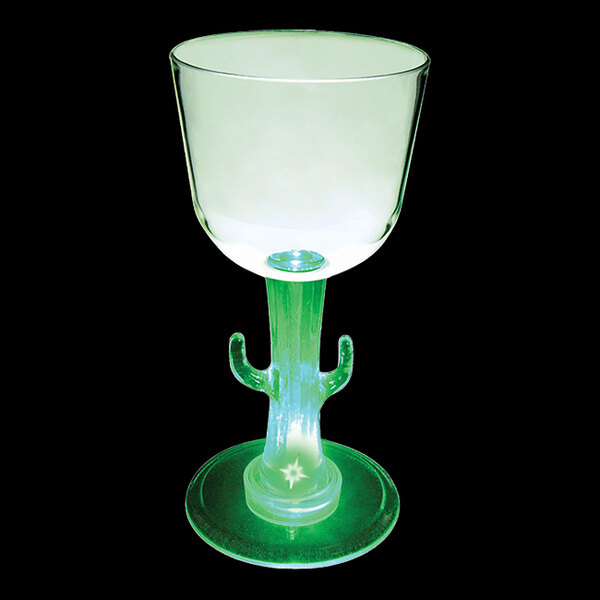 A 7 oz. plastic glass with a cactus shaped stem and green LED light.