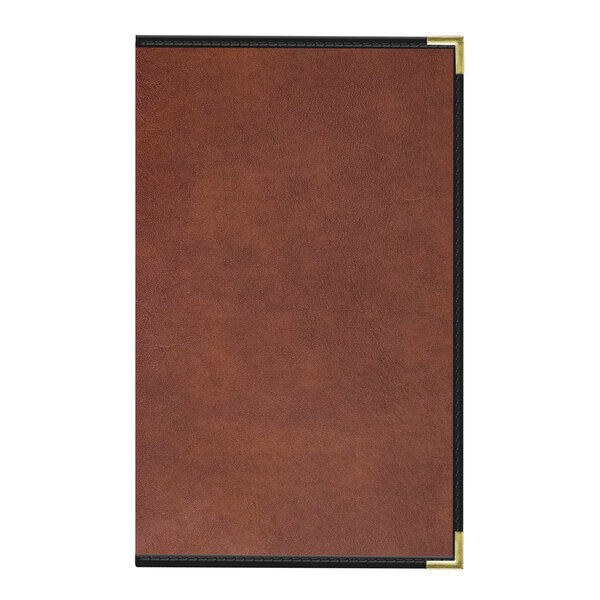 A brown rectangular leather menu cover with black trim and gold corners.
