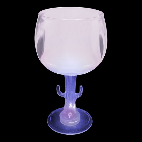 A customizable plastic cactus stem goblet with a purple LED light on it.