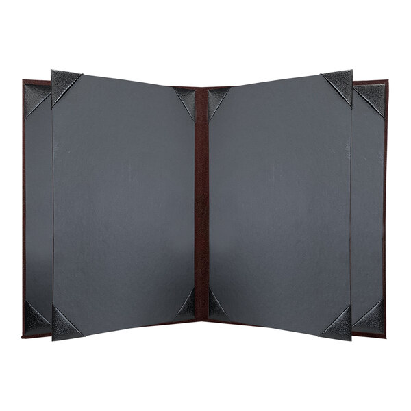 A black menu folder with brown leather edges and picture corners.
