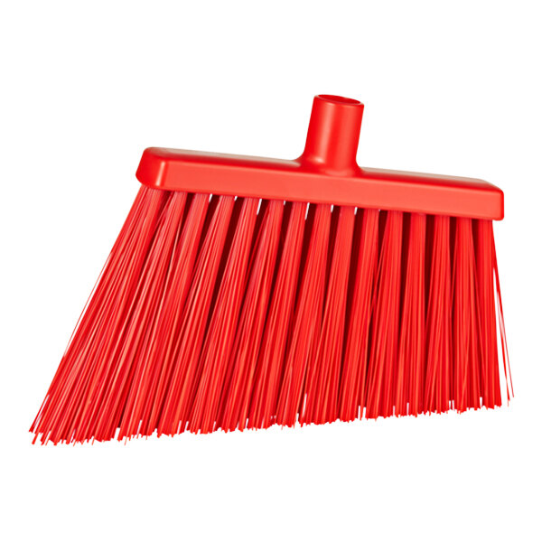 A red Vikan angled broom head with unflagged bristles.