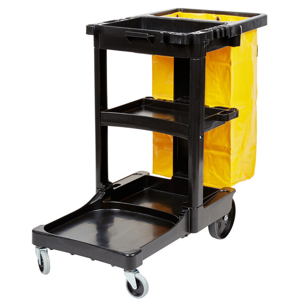 A black Rubbermaid janitor cart with a yellow bag on it.