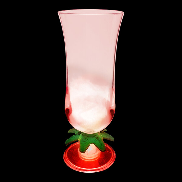 A customizable plastic hurricane cup with a palm tree shape and red LED light.